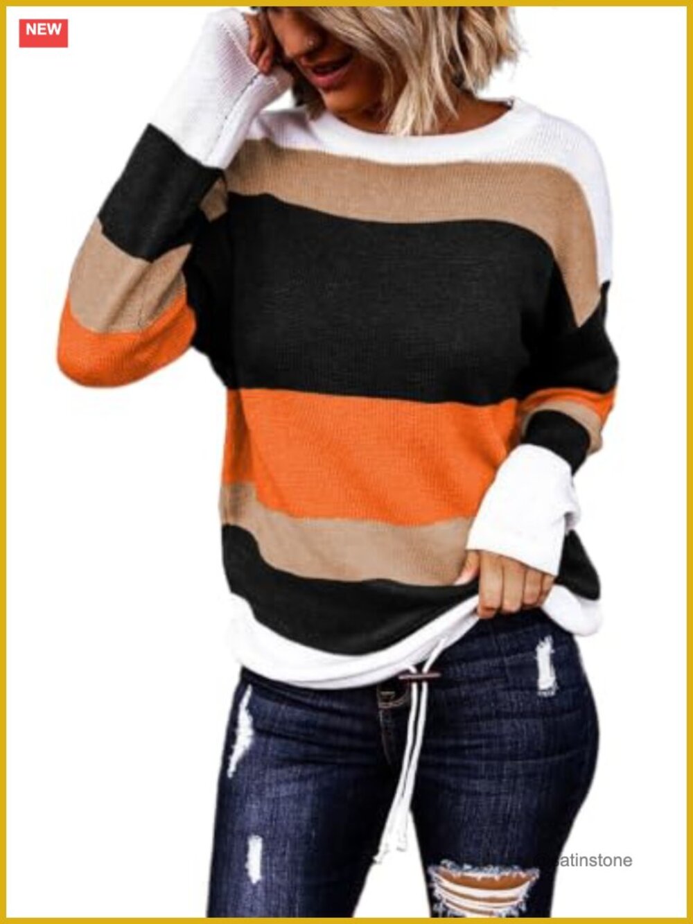 Striped Oversized Crewneck Pullover Sweater with Drawstring Hem